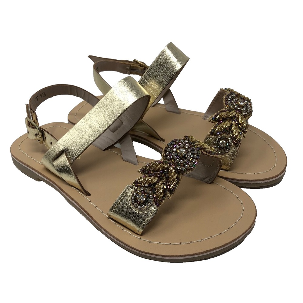 Joyfolie Natalie Sandal Girls Toddler 13 Gold Beaded Flats Heel Strap Casual